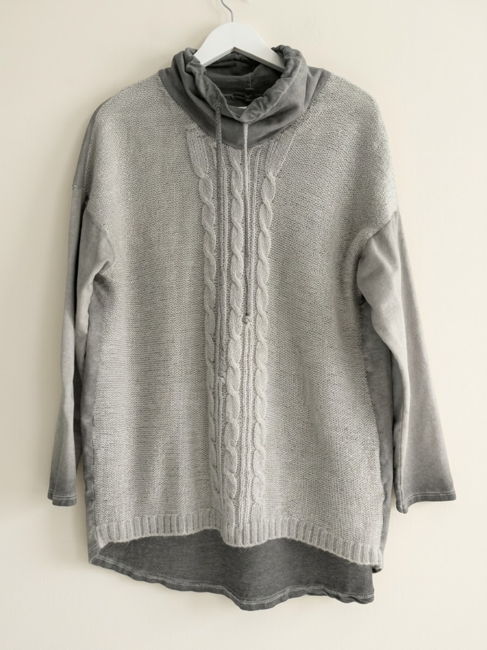 Tempo Paris Mixed Media Acid Wash Cowl Neck Cable Knit Sweater Top S/M Oversized